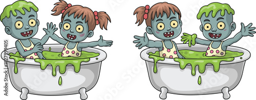 Cute cartoon zombie children boy and girl bathing in toxic green slime tub for Halloween vector illustration design.