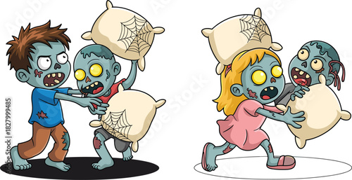 Cute zombie boy and girl kids playing pillow fight game with spider web pillows for Halloween vector.