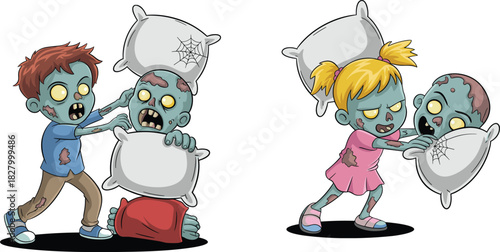Cartoon zombie kids boy and girl playing pillow fight with spooky heads for Halloween party vector illustration.