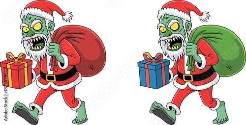 Scary green zombie Santa Claus character carrying sack and gift box for spooky Christmas vector illustration design.
