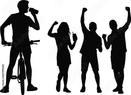 Set of black silhouettes including cyclist drinking and happy young people dancing at party celebration vector illustration.