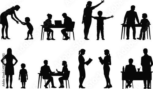 Set of black silhouettes featuring parents with children and business people interacting in various daily situations vector illustration.