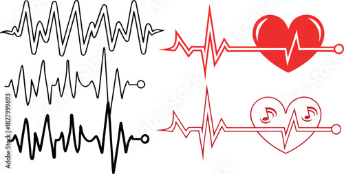 Vector set of heartbeat cardiogram pulse lines, sound waves, and a musical heart rhythm icon for medical and audio concepts