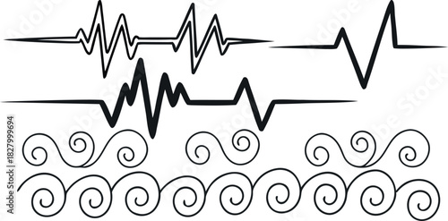 Vital Waveform Patterns: A collection of dynamic waveform patterns, symbolizing life's rhythms and intricate natural cycles. Perfect for designs involving science or medical field. 