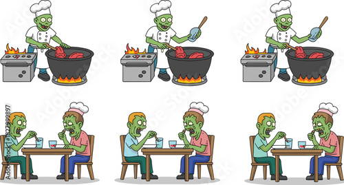 Set of cartoon zombie chef cooking food and undead customers eating dinner at table for Halloween vector illustration.