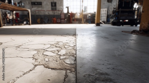 Before-and-after comparison of uneven cracked concrete floor showing damaged slab at left and repaired smooth surface at right, illustrating restoration and structural improvement.