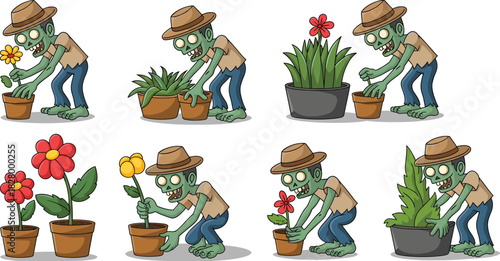 Set of cute cartoon zombie gardener characters planting flowers and tending pots for Halloween vector illustration design.