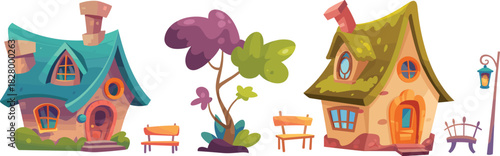 Set of cute fantasy cartoon houses with colorful tree and street lamp for fairy tale game asset vector illustration.