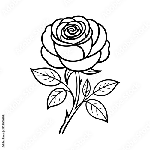 Simple outline drawing of a beautiful rose with leaves