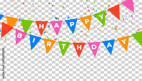 Bright happy birthday bunting banner with scattered confetti