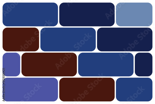 Abstract geometric pattern: interlocking rounded rectangular blocks in diverse shades of blue and brown, forming a modern mosaic on a crisp white backdrop.