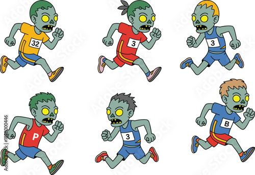 Set of funny cartoon zombie characters running marathon race in athletic sportswear for Halloween game asset vector illustration.