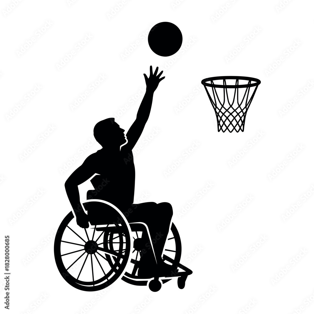 Fototapeta premium Skilled Wheelchair Basketball Athlete Shooting with Determination, Mobility, and Competitive Spirit.