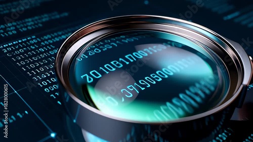 Magnifying glass analyzing glowing blue binary code data in a cinematic 3D visualization, illustrating digital forensic investigation and cybersecurity auditing concepts