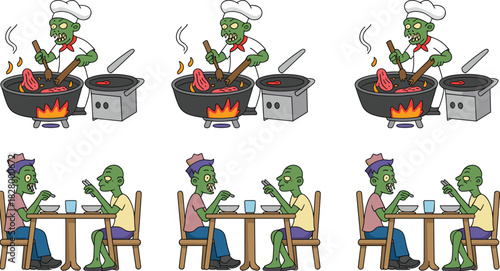 Set of scary zombie chef cooking meat and hungry undead customers eating at restaurant table for Halloween vector illustration.