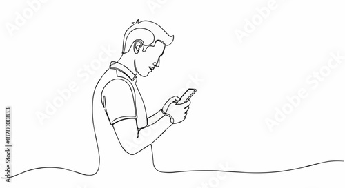 Continuous one line drawing of a young man using his smartphone.
