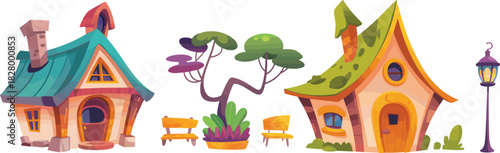Set of whimsical cartoon fantasy houses with magic tree and street lamp for fairy tale village game asset vector.