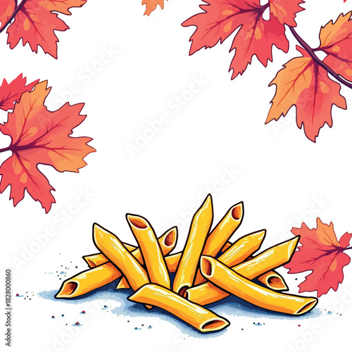 Vsai penne pasta forming base with autumn leaves
