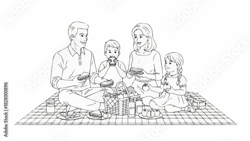 A happy family enjoying a picnic together outdoors on a checkered blanket.