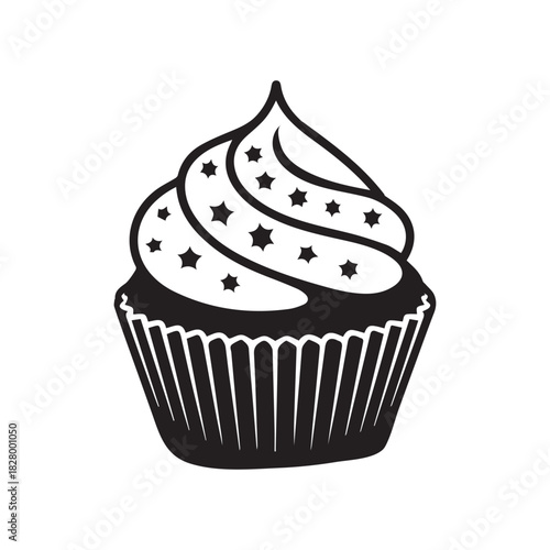 Simple black and white cupcake illustration with star sprinkles
