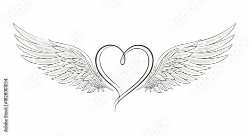 Elegant Heart with Wings Line Art Drawing.