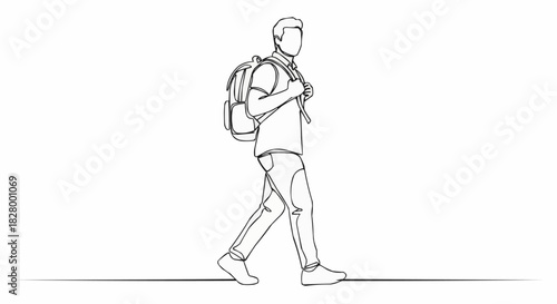 Line Art of a Man Walking with Backpack.
