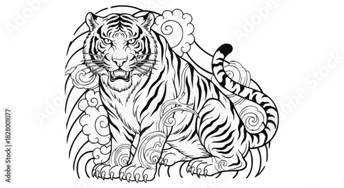 Detailed Line Art of a Majestic Tiger Illustration.