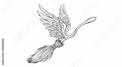 Hand drawn sketch of a magical flying broom with wings.