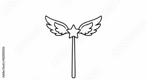 A simple line drawing of a magic wand with wings and a star.