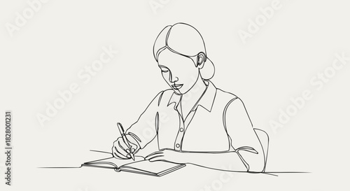 Woman diligently writing in notebook, focused on her work, studying.