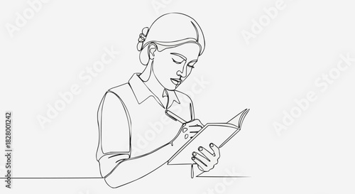 Continuous one line drawing of a woman writing in a notebook.