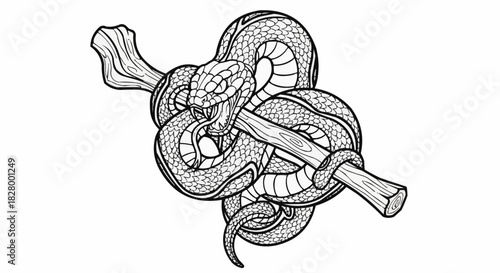 Intricate Line Art Illustration of a Serpent Coiled Around a Wooden Staff.