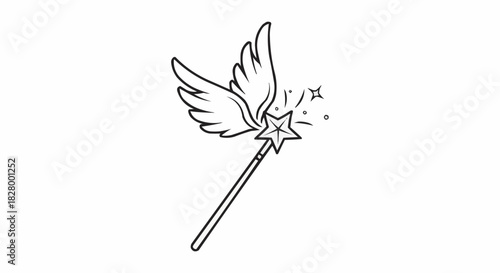 Magical Wand with Wings and Sparkling Star Outline Drawing.