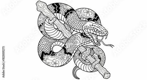 Detailed Snake Illustration Coiled Around Branch with Intricate Patterns.