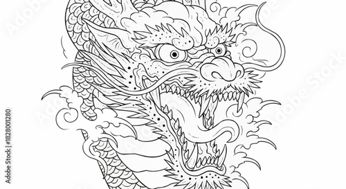 Intricate dragon head illustration showcasing detailed scales and fierce expression.