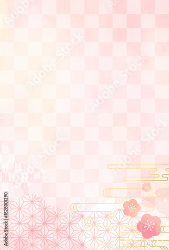 ピンクの和柄 和紙の 年賀状 背景　縦