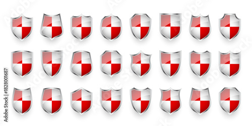 Glossy shields with red and black white. Security and protection concept. Cyber safety icons, internet privacy, web defense, digital data protection and antivirus themes. Vector illustration