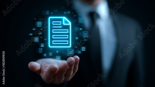Digital Document Management: Business Leader presenting a futuristic electronic invoice and tax compliance platform.