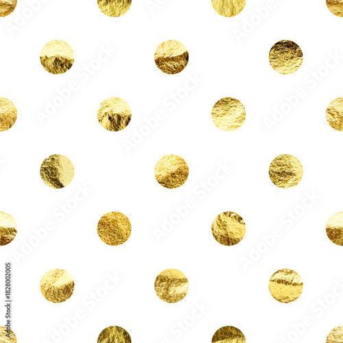 Gold foil seamless texture, shiny handmade circles. Golden glittering pattern. Shining hand drawn background. Wedding, greeting card decoration elements. Modern minimalist art. Vector illustration