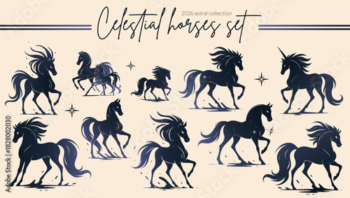 Set of celestial horses silhouette sign of 2026. Vector horse silhouette