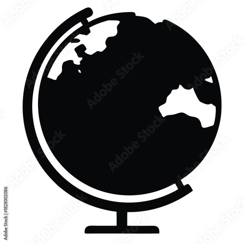 Black and white illustration of a globe on a stand against white backdrop