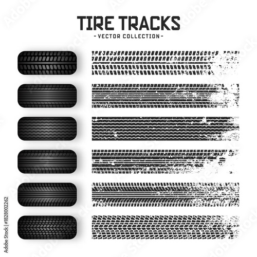 Grunge tire tracks, rubber wheels, and braking marks. Truck, car, or motorcycle tread pattern silhouettes. Perfect for auto racing, motorsport, and speed-related designs. Vector illustration