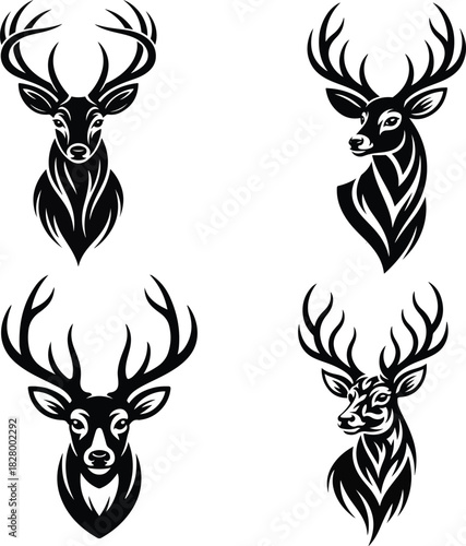 Collection of four stylized deer head illustrations in black and white