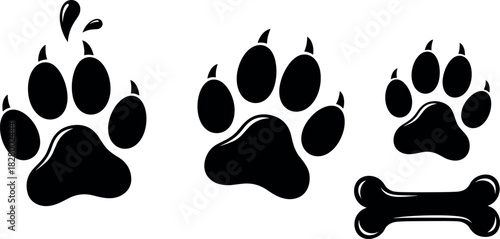 Animal paw prints and bone icon set for pet care, wildlife tracking, dog training, veterinary, and playful design themes.