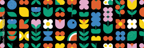 Flower berry fruit abstract geometric shapes. Brutal modern contemporary seamless pattern with icon arch cloud vawe circle and other primitive elements. Swiss design aesthetic. Bauhaus memphis design.