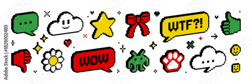Pixel 3d isometric icon and sticker set. 8 bit retro game style. Y2k trendy vector illustration of heart cursor hand flower speech bubble character sparkle star etc. Social media and chat elements.