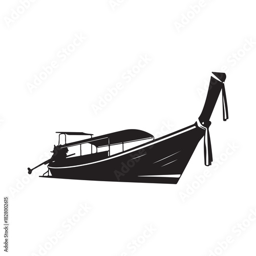 Traditional thai longtail boat black silhouette isolated on white