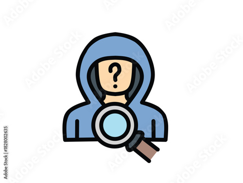Vector icon of a hooded anonymous figure with a question mark, being examined by a magnifying glass, representing investigation, mystery, and cybersecurity