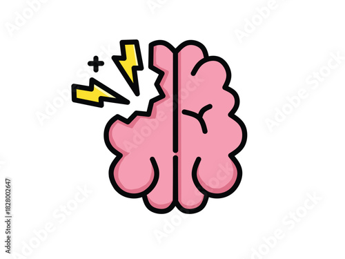 Brain with lightning and crack symbol Brain health, mental issues, and cognitive processes