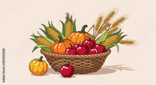 A wicker basket overflowing with assorted fruits and vegetables from a bountiful harvest